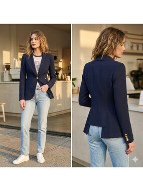 Smythe Classic Duchess Blazer Navy Blue Wool Gold Button Cutout Back Size 2